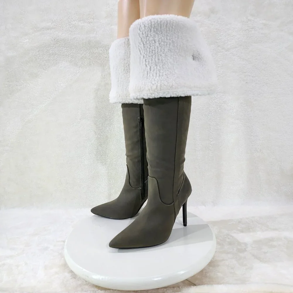 Olive Green Fluffy Fleece Lined  Fold Under / Over the Knee Pointy Toe Boots - Picture 12 of 13